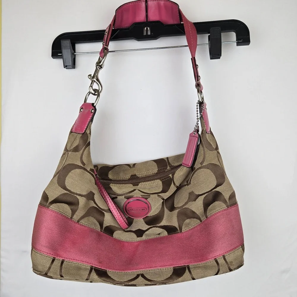 Coach F17434 signature purse khaki with pink stripe. Flaws